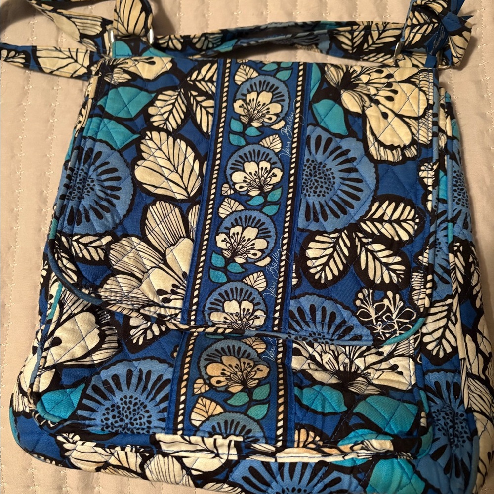 Vera Bradley Blue and White Crossbody Bag with Quilted Floral Design